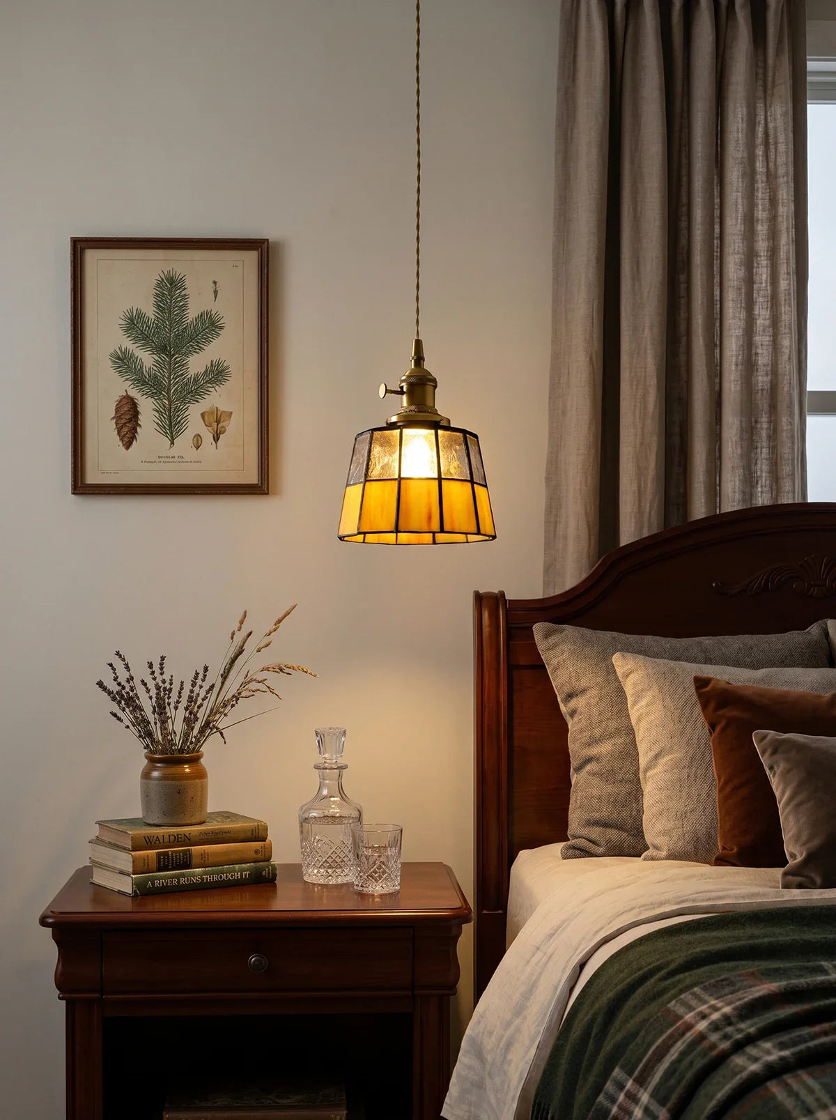 Vintage Tiffany-Style Amber Stained Glass Pendant Light with Antique Brass Rotary Switch