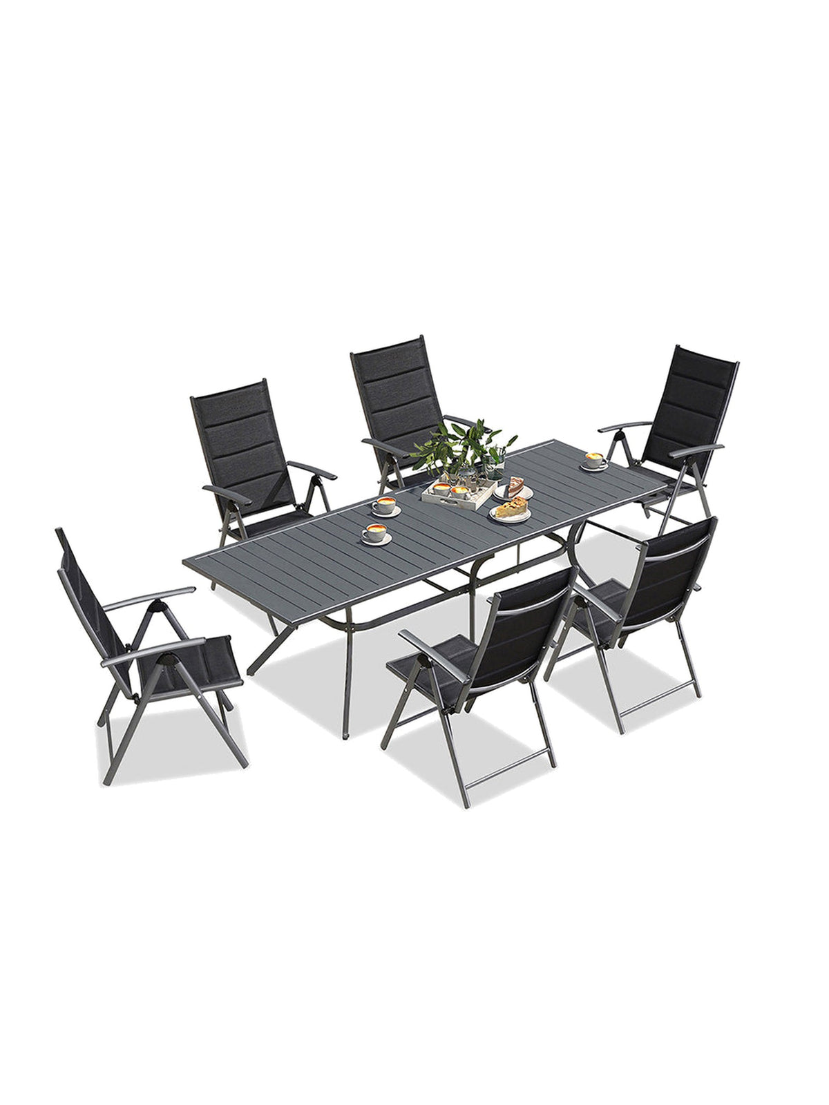 Tavola outdoor dining set — aluminium table and six reclining chairs, studio view on white