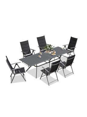 Tavola outdoor dining set — aluminium table and six reclining chairs, studio view on white