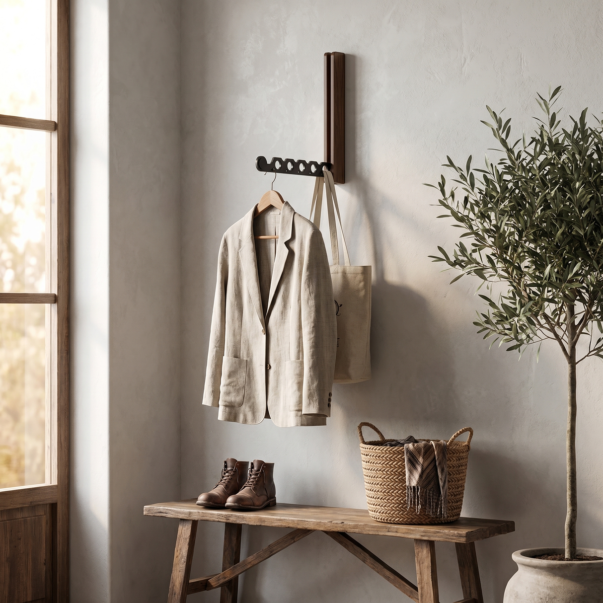 Nils hanger rail holding a jacket and tote in an entryway