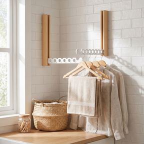 Nils hanger rail in white oak in a laundry room