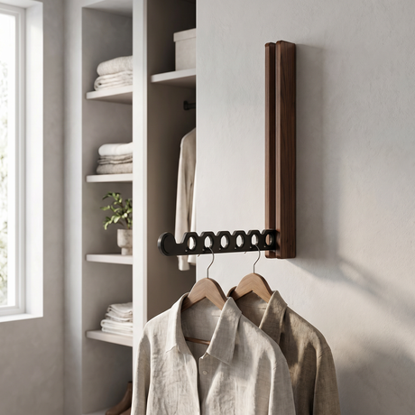Nils folding hanger rail in walnut with hung shirts