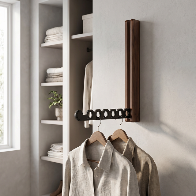 Nils folding hanger rail in walnut with hung shirts