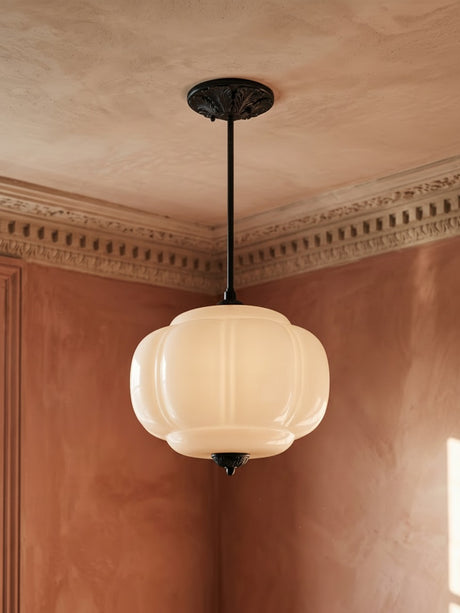 Ivy tall white glass semi-flush ceiling light in black hanging in a plaster-moulded corner
