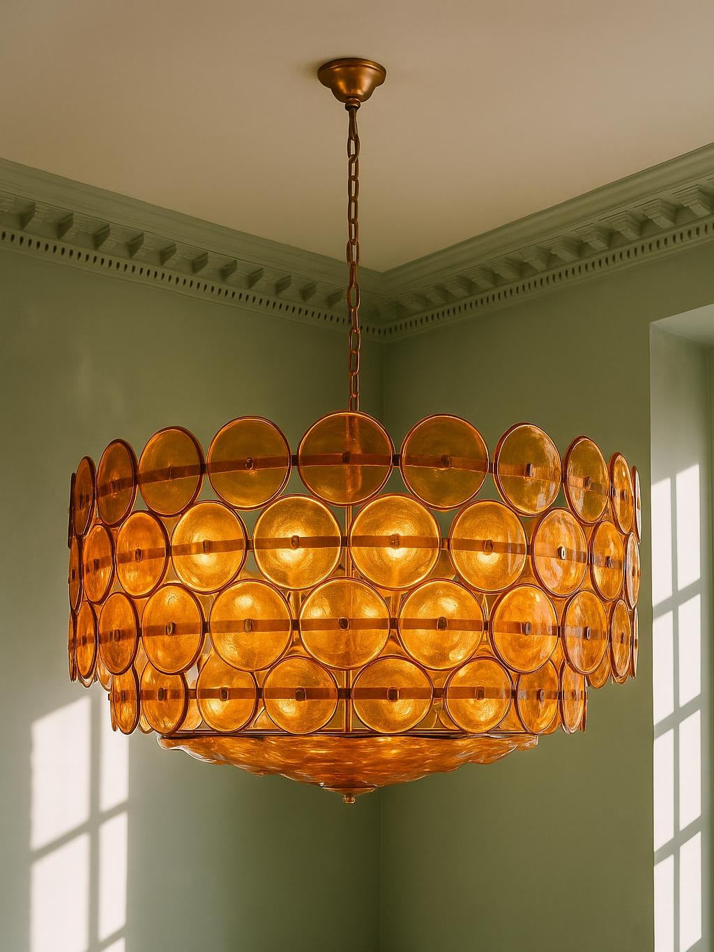 Soleil 37.4-inch amber glass disc chandelier hanging in a plaster-moulded corner