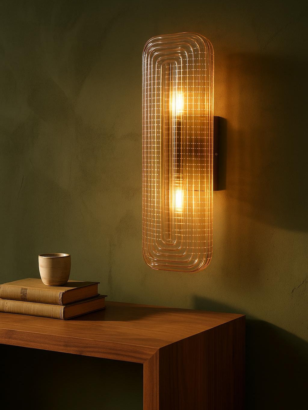 Calla large fluted cognac glass wall sconce in brass on an olive-green plaster wall
