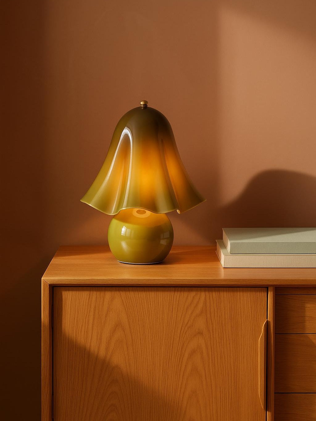 Petal green glass flower table lamp without beads on an oak console against a warm plaster wall