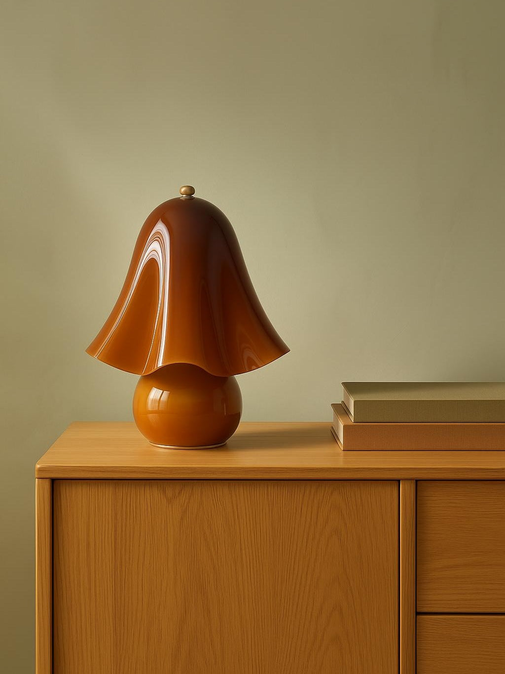 Petal amber glass flower table lamp without beads on an oak console against a warm plaster wall