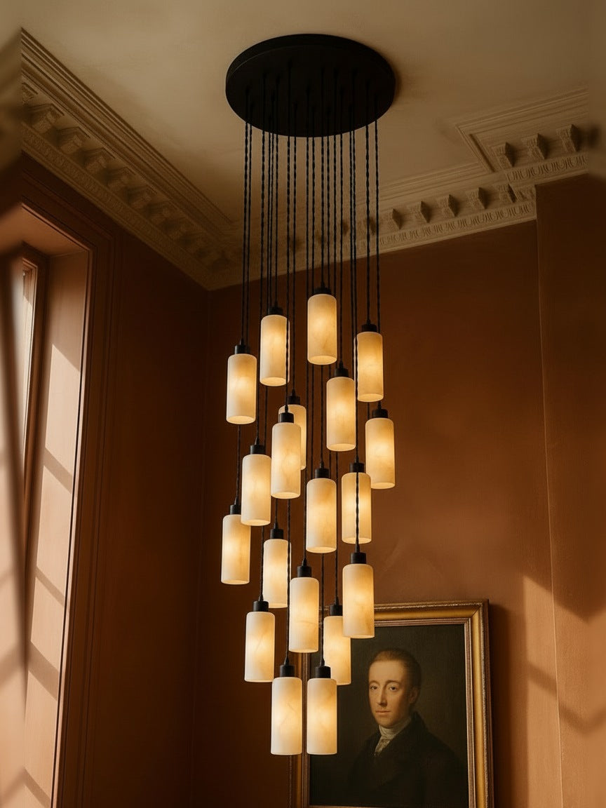 Sola twenty-one-pendant alabaster cluster pendant in black in a sienna plaster corner