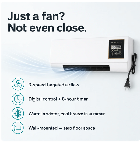 Vento — not just a fan: 3-speed airflow, digital control with 8-hour timer, warm and cool, wall-mounted