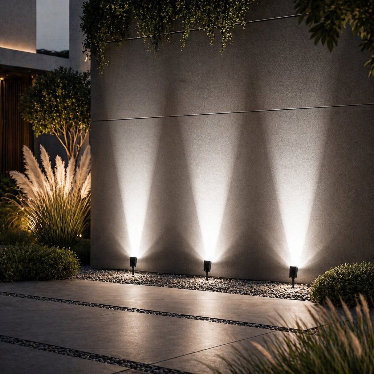 Vale solar spotlights uplighting a wall in cool white